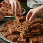 A large platter of homemade Pecan Pie Bars being served at a festive holiday party.