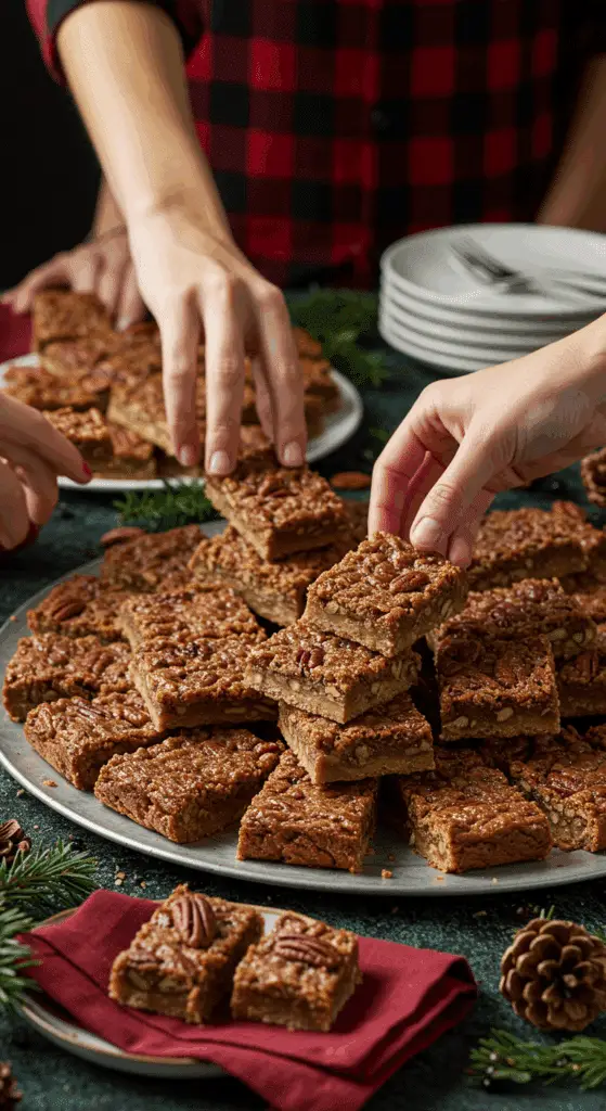 A large platter of homemade Pecan Pie Bars being served at a festive holiday party.