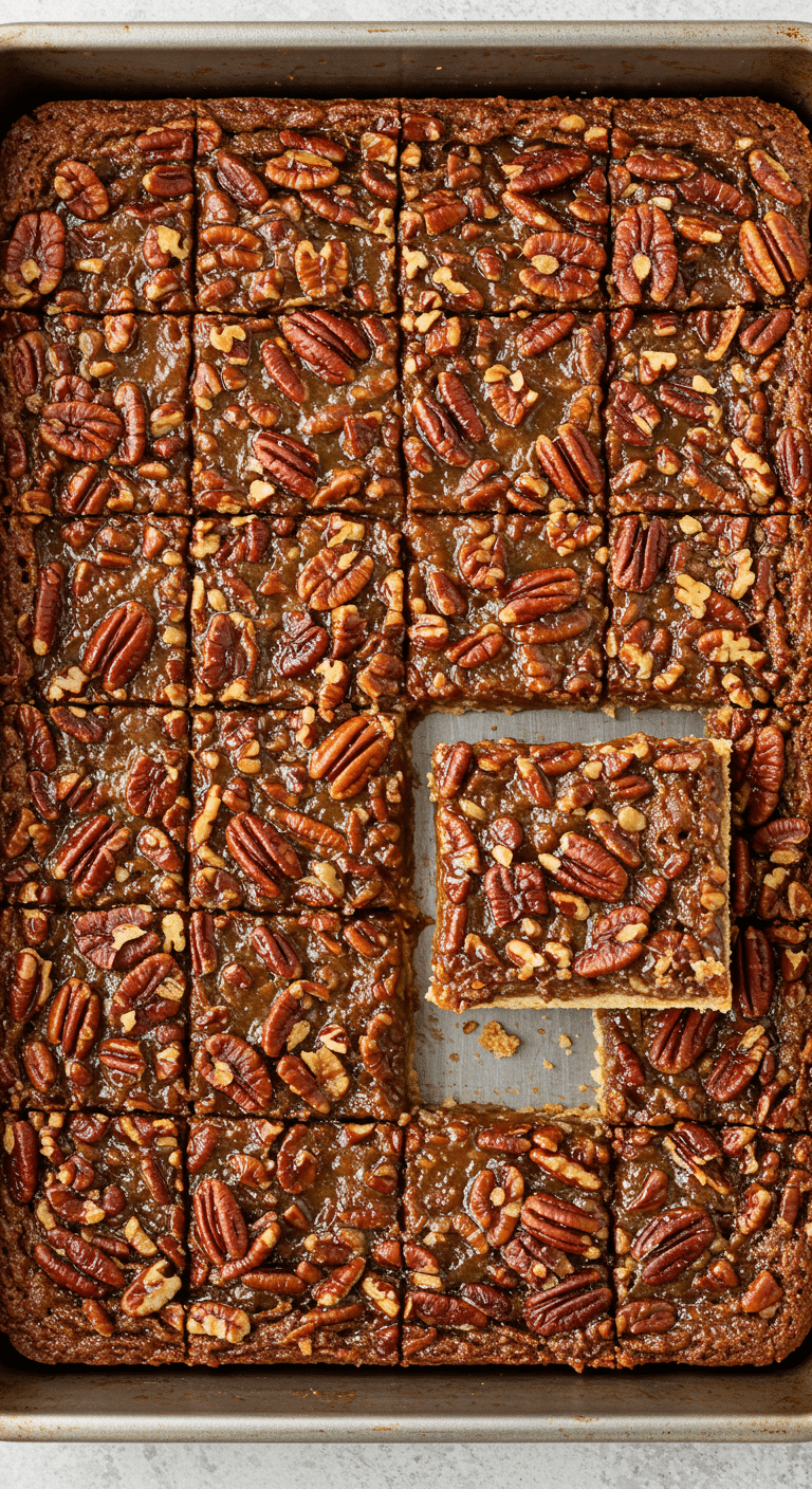 A beautiful, full sheet pan of homemade, gooey Pecan Pie Bars, cut into a perfect grid of squares.