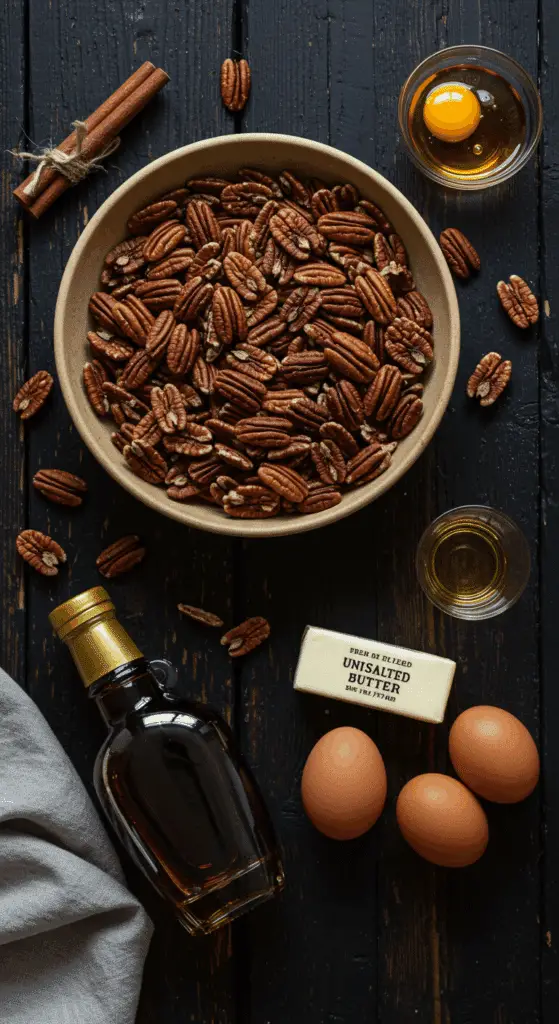 The classic, from-scratch ingredients for the gourmet, homemade Pecan Pie recipe.