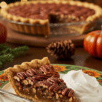 A perfect slice of homemade Pecan Pie with a dollop of whipped cream being served for a holiday dessert.