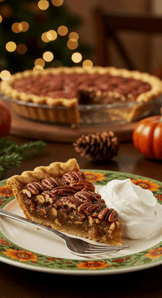 A perfect slice of homemade Pecan Pie with a dollop of whipped cream being served for a holiday dessert.