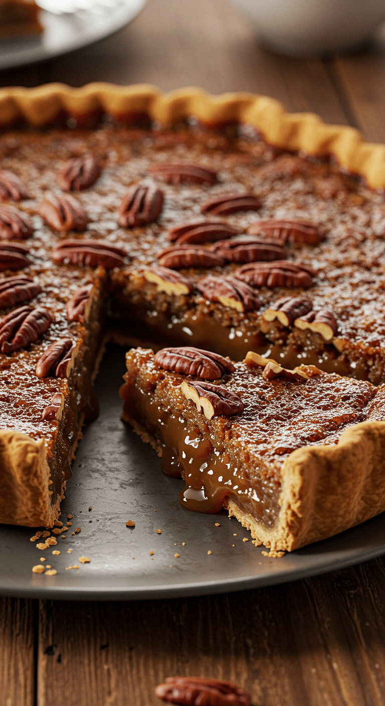 A beautiful, golden-brown homemade Pecan Pie with a flaky crust and a perfect slice removed to show the gooey caramel filling.