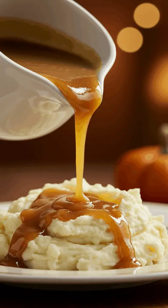 A beautiful gravy boat pouring rich, dark brown, homemade Turkey Gravy onto a pile of mashed potatoes.