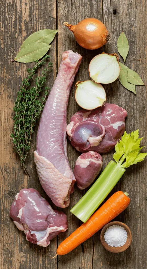 The fresh, from-scratch ingredients for making a rich, homemade turkey broth for gravy.