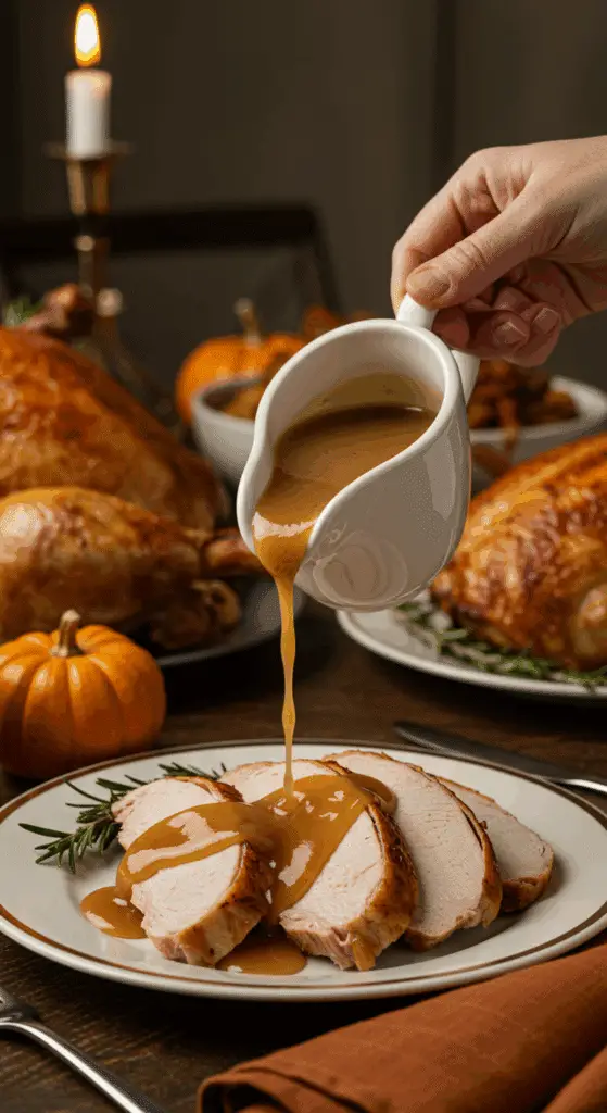 A hand pouring a generous amount of homemade Turkey Gravy over sliced turkey at a Thanksgiving dinner.
