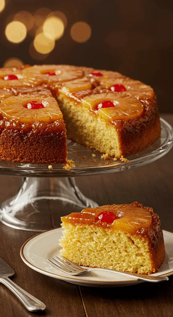 A beautiful, glossy, homemade Pineapple Upside-Down Cake on a cake stand with a perfect, moist slice cut out.
