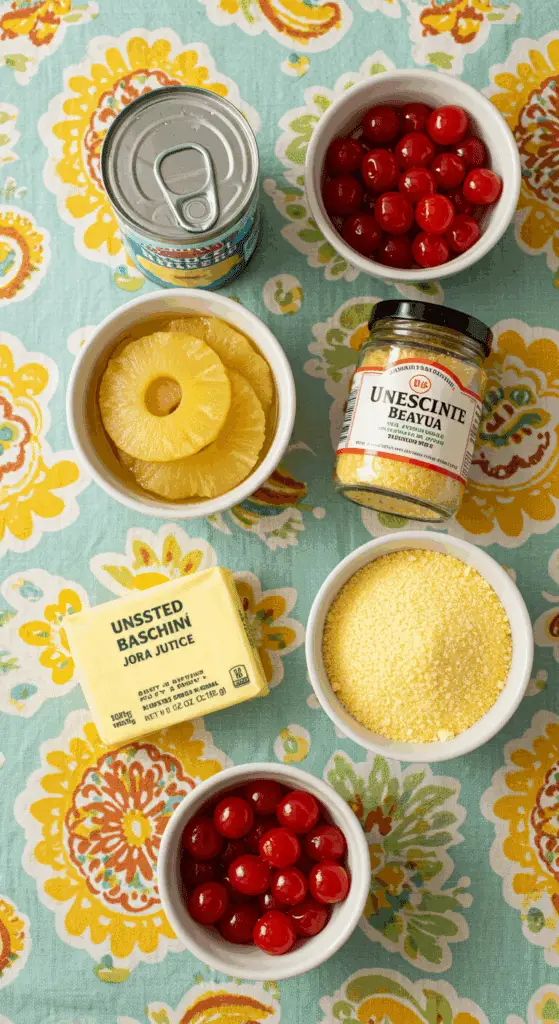 The simple, classic ingredients for the easy Pineapple Upside-Down Grit Cake recipe.