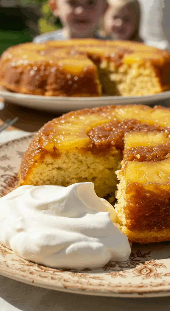 A perfect slice of homemade Pineapple Upside-Down Cake with a dollop of whipped cream being served at a family gathering.