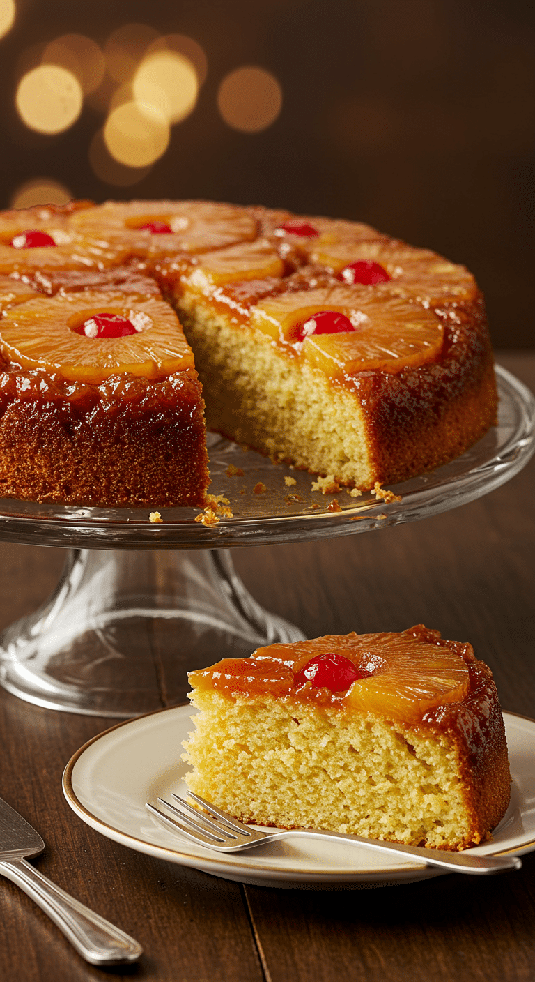 A beautiful, glossy, homemade Pineapple Upside-Down Cake on a cake stand with a perfect, moist slice cut out.