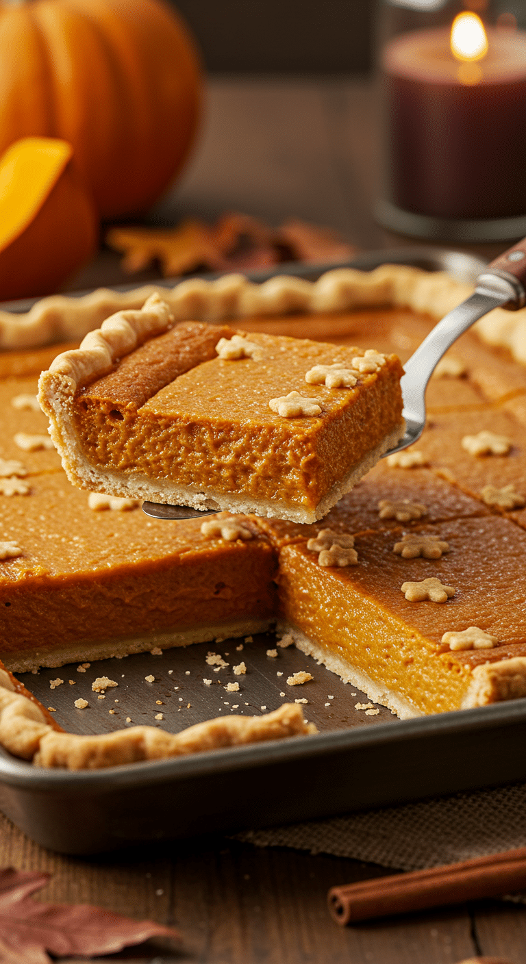 A beautiful, homemade Sheet Pan Pumpkin Pie cut into squares, with a perfect slice being lifted out.
