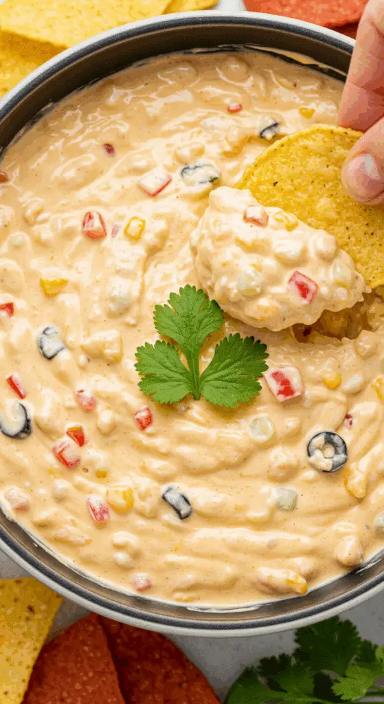 A beautiful, vibrant bowl of homemade High-Protein Cottage Cheese Taco Dip with a tortilla chip scooping some out.