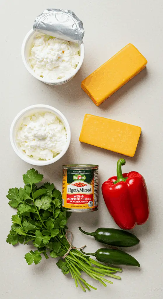The fresh, healthy ingredients for the High-Protein Cottage Cheese Taco Dip recipe.