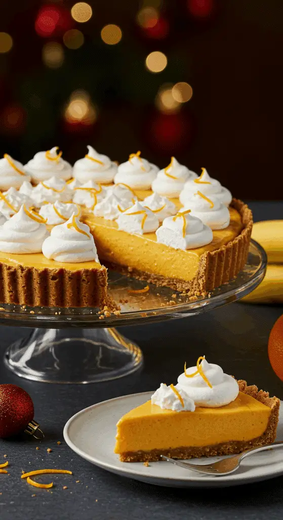 A beautiful, elegant, homemade Pumpkin Mousse Tart on a cake stand with a perfect slice removed to show the airy filling.