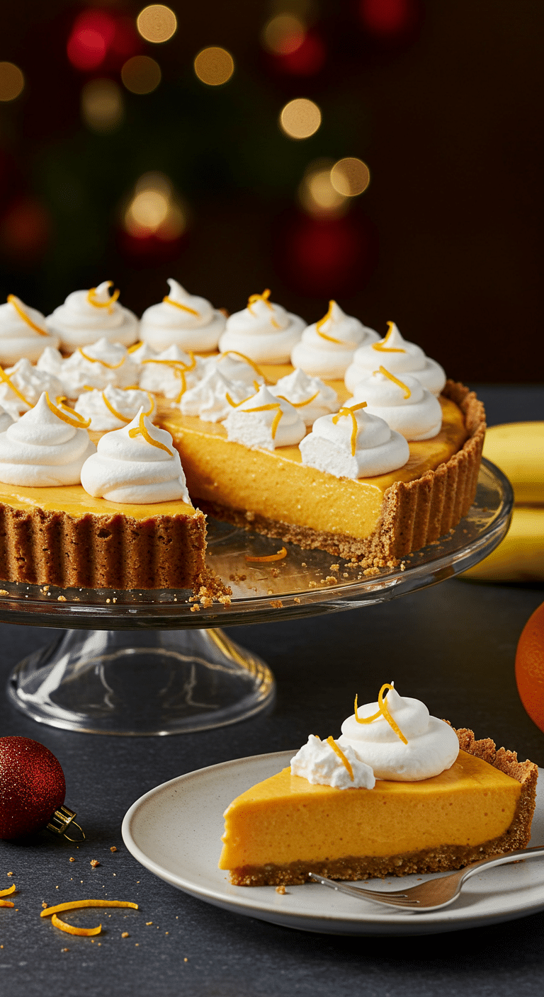 A beautiful, elegant, homemade Pumpkin Mousse Tart on a cake stand with a perfect slice removed to show the airy filling.