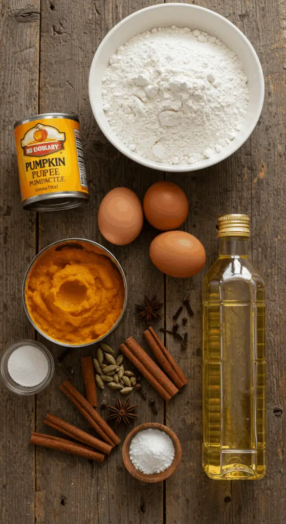 The simple, classic ingredients for the from-scratch homemade Pumpkin Bread recipe.