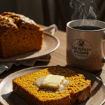 A warm, thick slice of homemade Pumpkin Bread with melting butter, served with a hot cup of coffee.