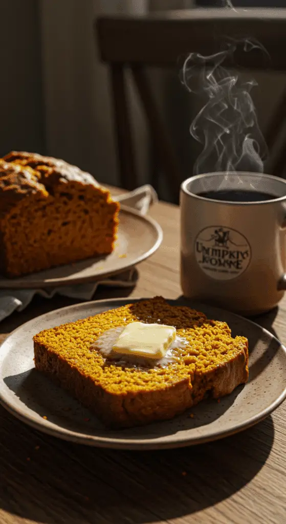 A warm, thick slice of homemade Pumpkin Bread with melting butter, served with a hot cup of coffee.