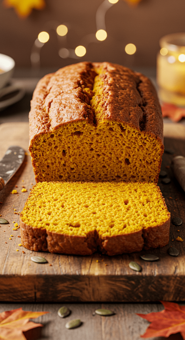 A beautiful, moist, homemade Pumpkin Bread loaf on a cutting board with a few thick slices cut.