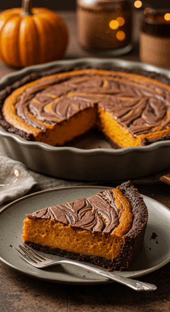 A beautiful, homemade Pumpkin-Brownie Swirl Pie with a perfect slice removed to show the layers.