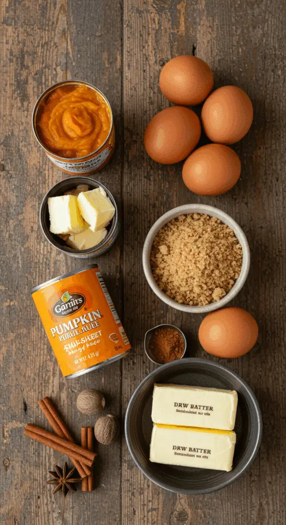 The classic, from-scratch ingredients for the decadent Pumpkin Brownie Pie recipe.
