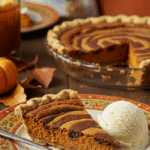 A perfect slice of homemade Pumpkin-Brownie Swirl Pie being served with a scoop of melting vanilla ice cream.