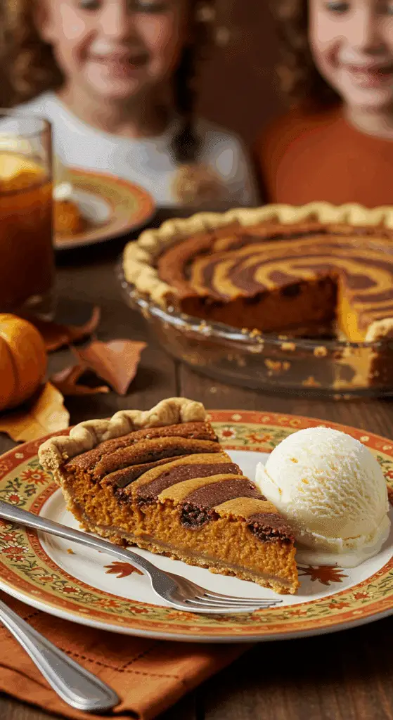 A perfect slice of homemade Pumpkin-Brownie Swirl Pie being served with a scoop of melting vanilla ice cream.