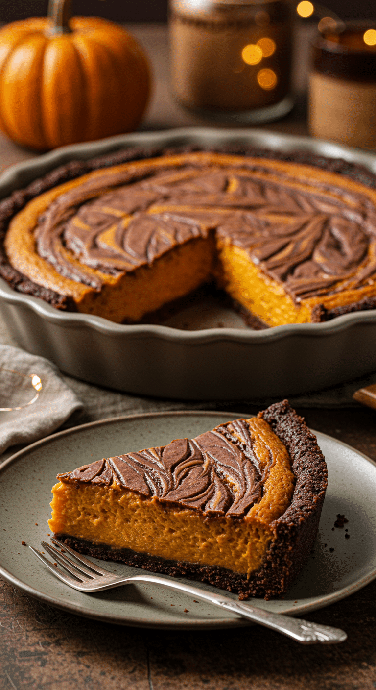 A beautiful, homemade Pumpkin-Brownie Swirl Pie with a perfect slice removed to show the layers.