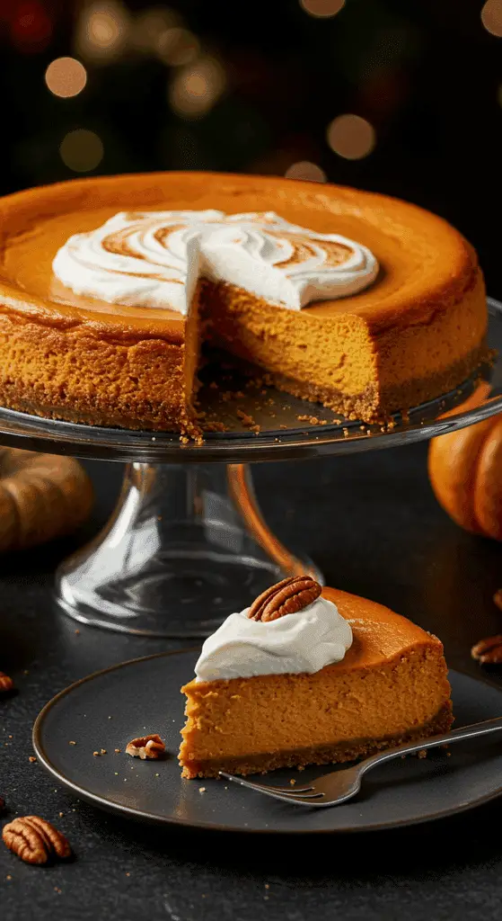 A beautiful, perfect, and crack-free homemade Pumpkin Cheesecake on a cake stand with a slice removed.