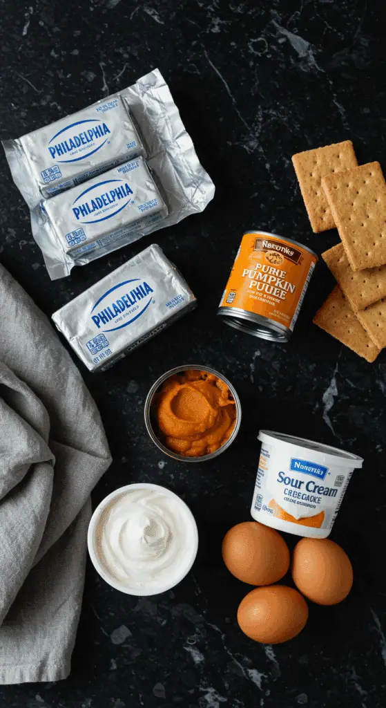 The classic, from-scratch ingredients for the best homemade Pumpkin Cheesecake recipe.