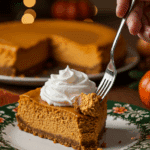 A beautiful slice of homemade Pumpkin Cheesecake with a swirl of whipped cream being served for a holiday dessert.