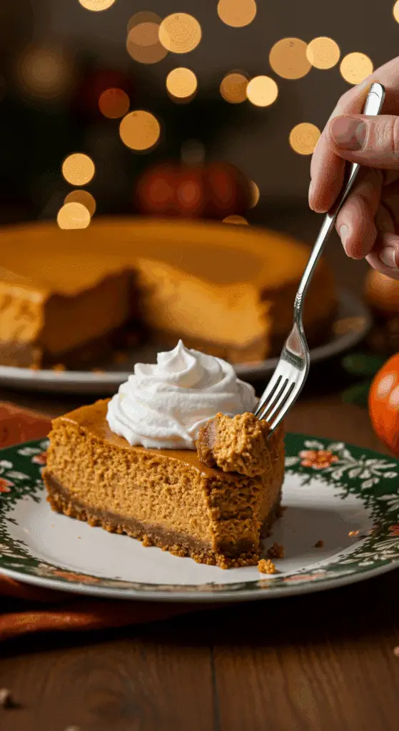A beautiful slice of homemade Pumpkin Cheesecake with a swirl of whipped cream being served for a holiday dessert.