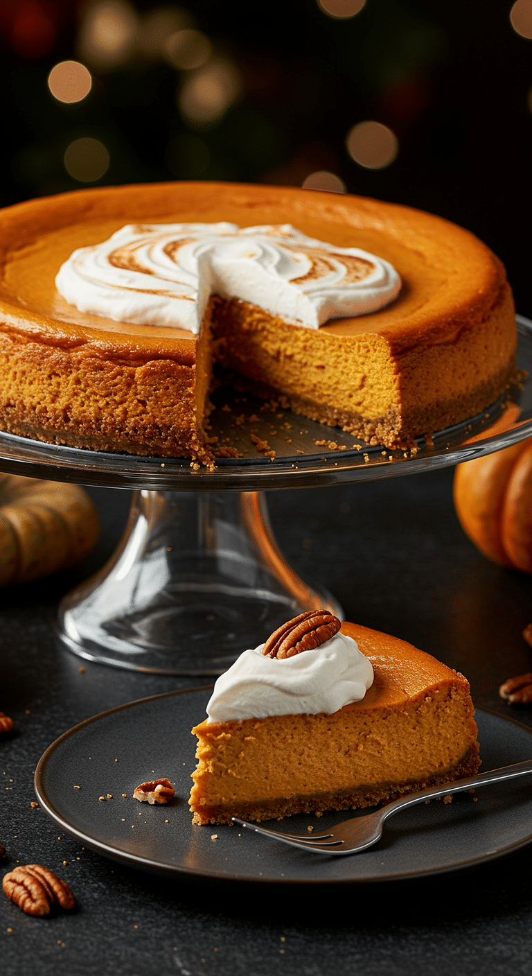 A beautiful, perfect, and crack-free homemade Pumpkin Cheesecake on a cake stand with a slice removed.