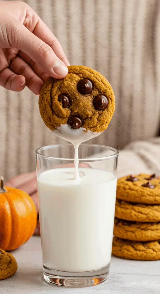 A hand dunking a warm, homemade Pumpkin Chocolate Chip Cookie into a tall, cold glass of milk.