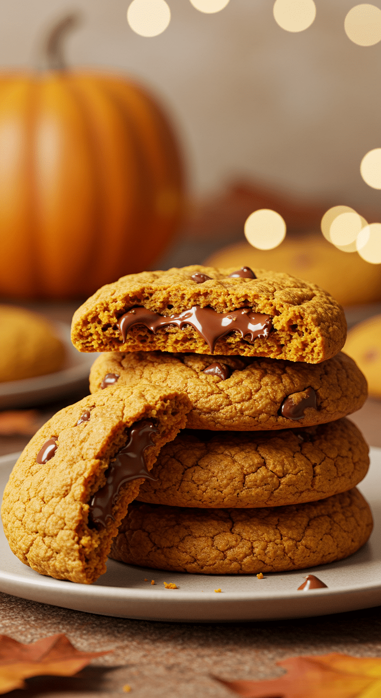 A beautiful stack of three perfect, homemade, soft and cakey Pumpkin Chocolate Chip Cookies with one broken in half.