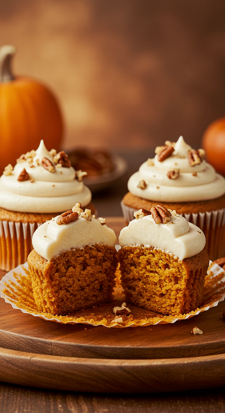 A beautiful platter of three homemade, moist Pumpkin Cupcakes with a tall swirl of maple cream cheese frosting.