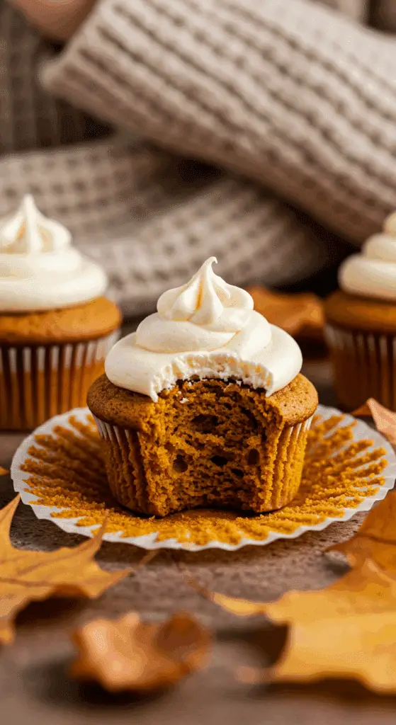 A hand holding a delicious, homemade Pumpkin Cupcake with a bite taken out, in a cozy fall setting.