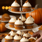 A beautiful platter of homemade Pumpkin Pie Cupcakes being served at a festive Thanksgiving party.