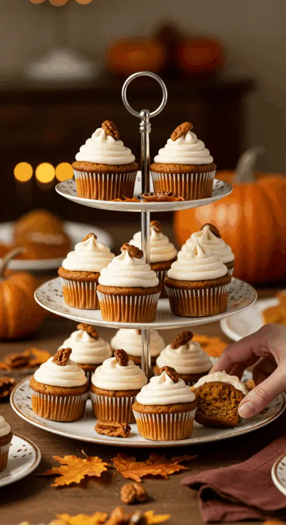 A beautiful platter of homemade Pumpkin Pie Cupcakes being served at a festive Thanksgiving party.