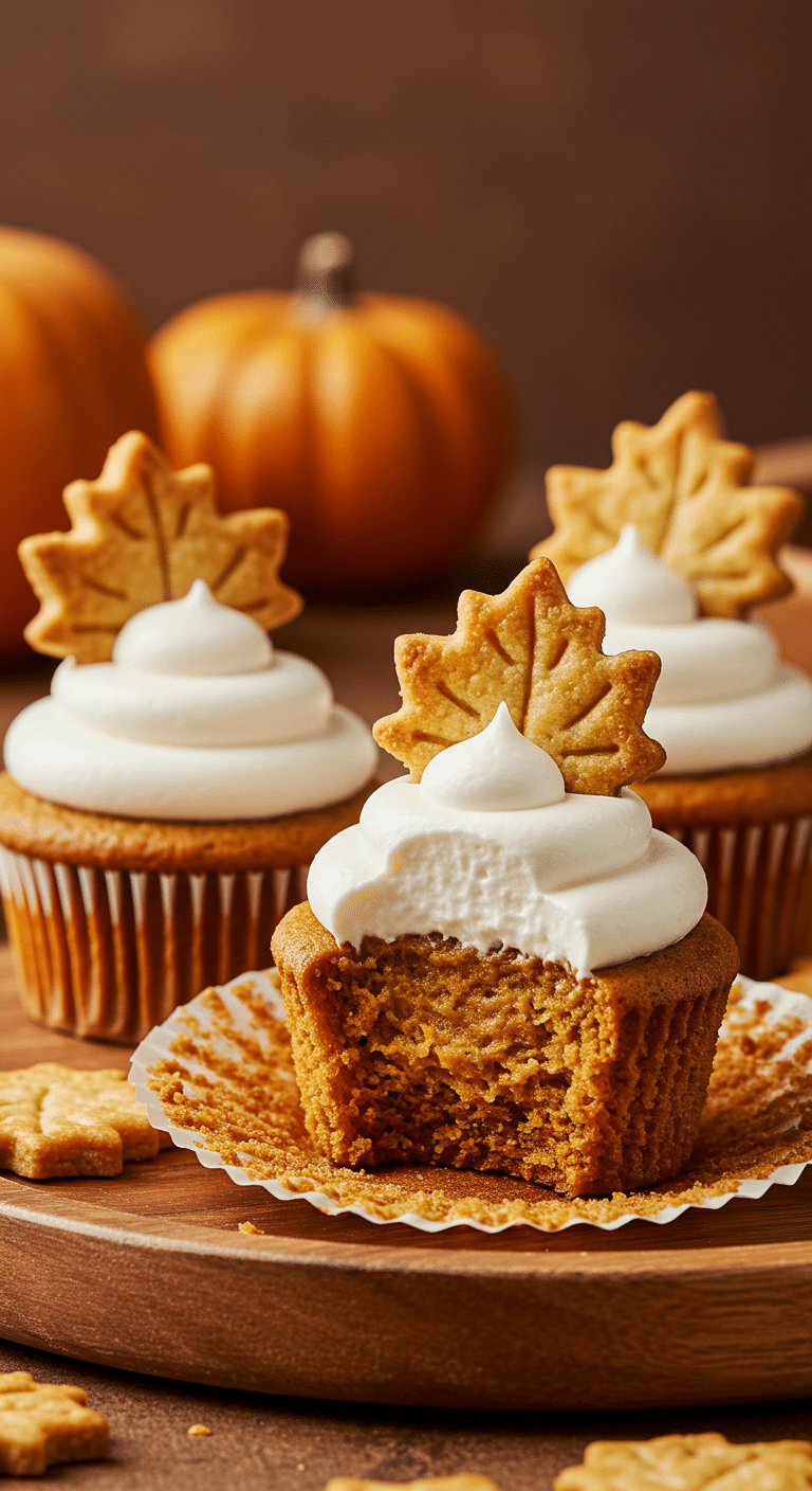 A beautiful platter of three adorable, homemade Pumpkin Pie Cupcakes, decorated with a pie crust leaf.