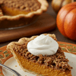 A perfect slice of homemade Ultimate Pumpkin Pie with a crunchy topping and a dollop of whipped cream being served for a holiday dessert.