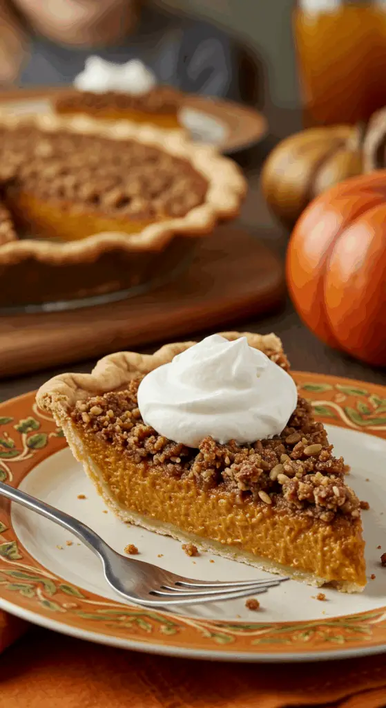 A perfect slice of homemade Ultimate Pumpkin Pie with a crunchy topping and a dollop of whipped cream being served for a holiday dessert.