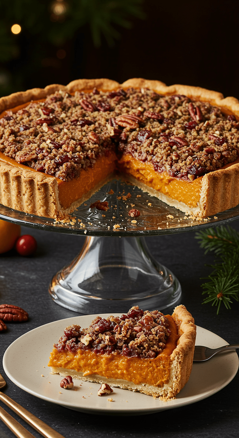 A beautiful, homemade Ultimate Pumpkin Pie on a cake stand with a unique, crunchy cranberry and pecan topping.