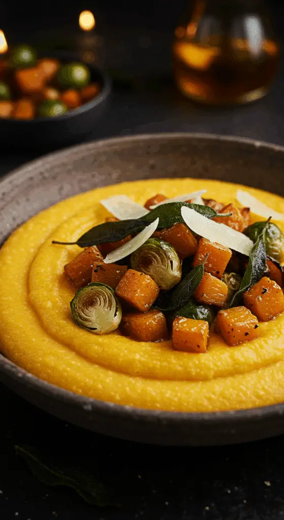 A beautiful, rustic bowl of homemade, creamy Pumpkin Polenta, topped with a pile of roasted butternut squash and Brussels sprouts.