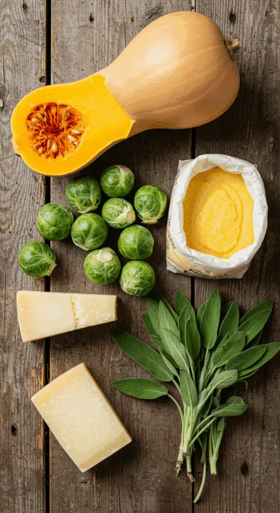 The fresh, from-scratch ingredients for the creamy and cozy Pumpkin Polenta with roasted vegetables recipe.