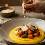 An elegant bowl of homemade, creamy Pumpkin Polenta with roasted vegetables being served at a sophisticated fall dinner party.