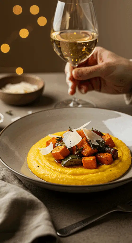 An elegant bowl of homemade, creamy Pumpkin Polenta with roasted vegetables being served at a sophisticated fall dinner party.