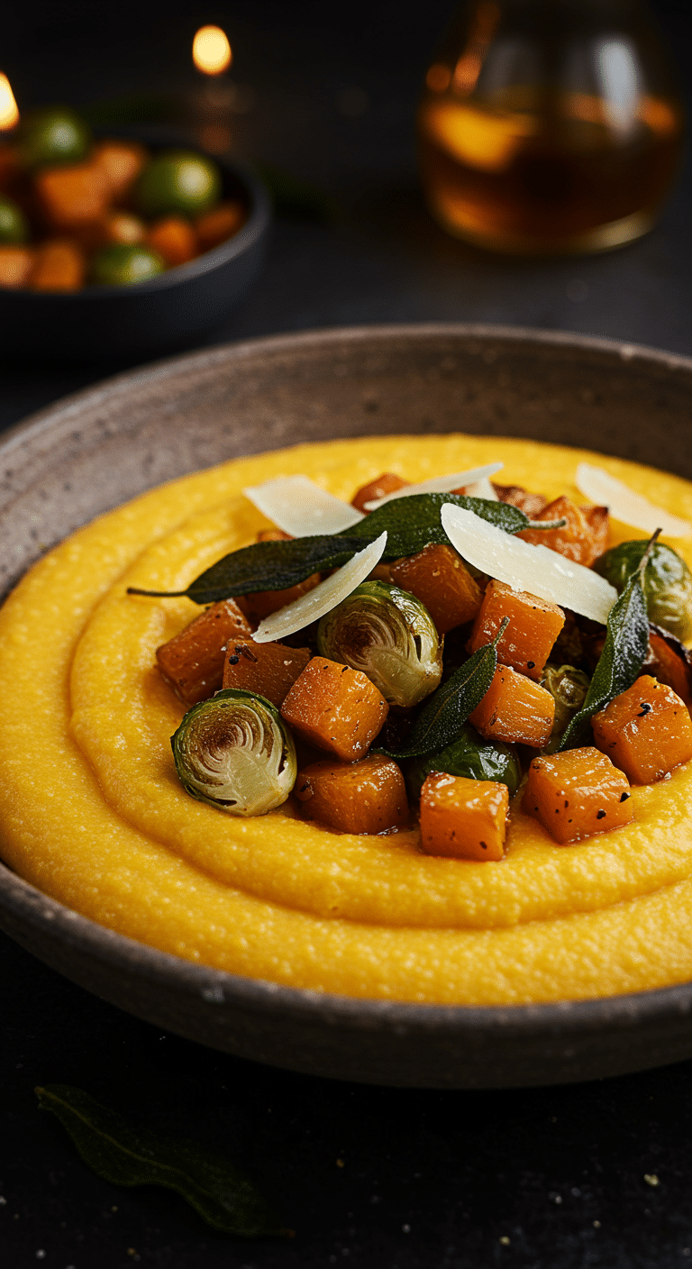 A beautiful, rustic bowl of homemade, creamy Pumpkin Polenta, topped with a pile of roasted butternut squash and Brussels sprouts.
