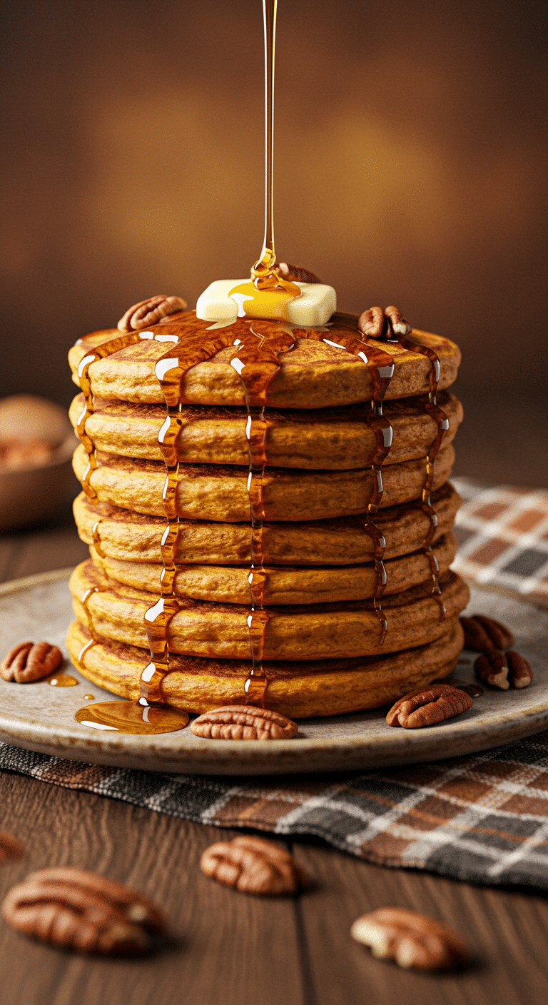 A tall, perfect stack of fluffy, golden-brown Pumpkin Protein Pancakes with melting butter and maple syrup.