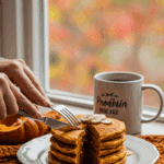 A person enjoying a delicious and healthy breakfast of Pumpkin Protein Pancakes on a cozy fall morning.
